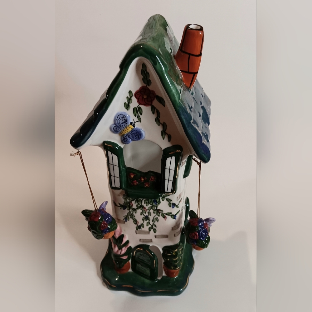 Vintage Ceramic Cottage House Tea Light Candle Holder with Hanging Flowers